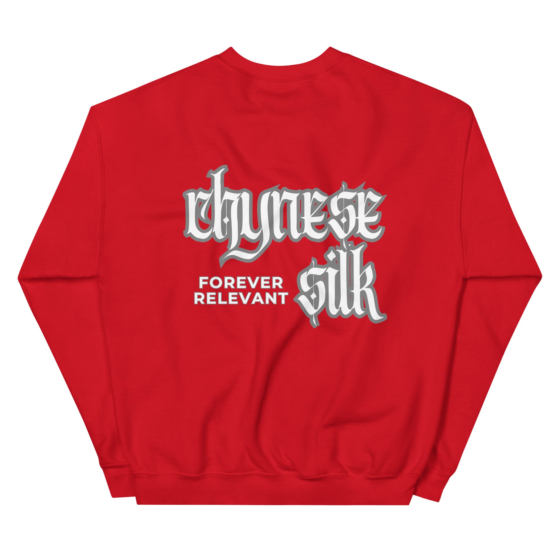 Red premium streetwear crewneck sweatshirt featuring a white Chynese Silk Gothic Revival logo design.