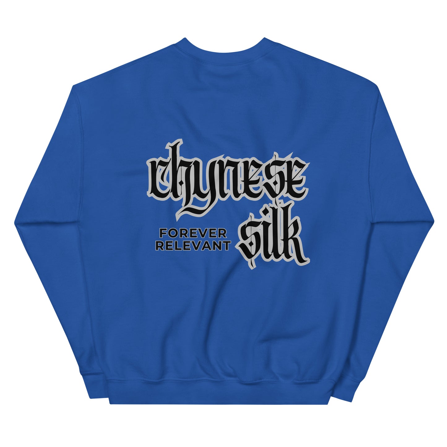 Royal blue premium streetwear crewneck sweatshirt featuring a black Chynese Silk Gothic Revival logo design.