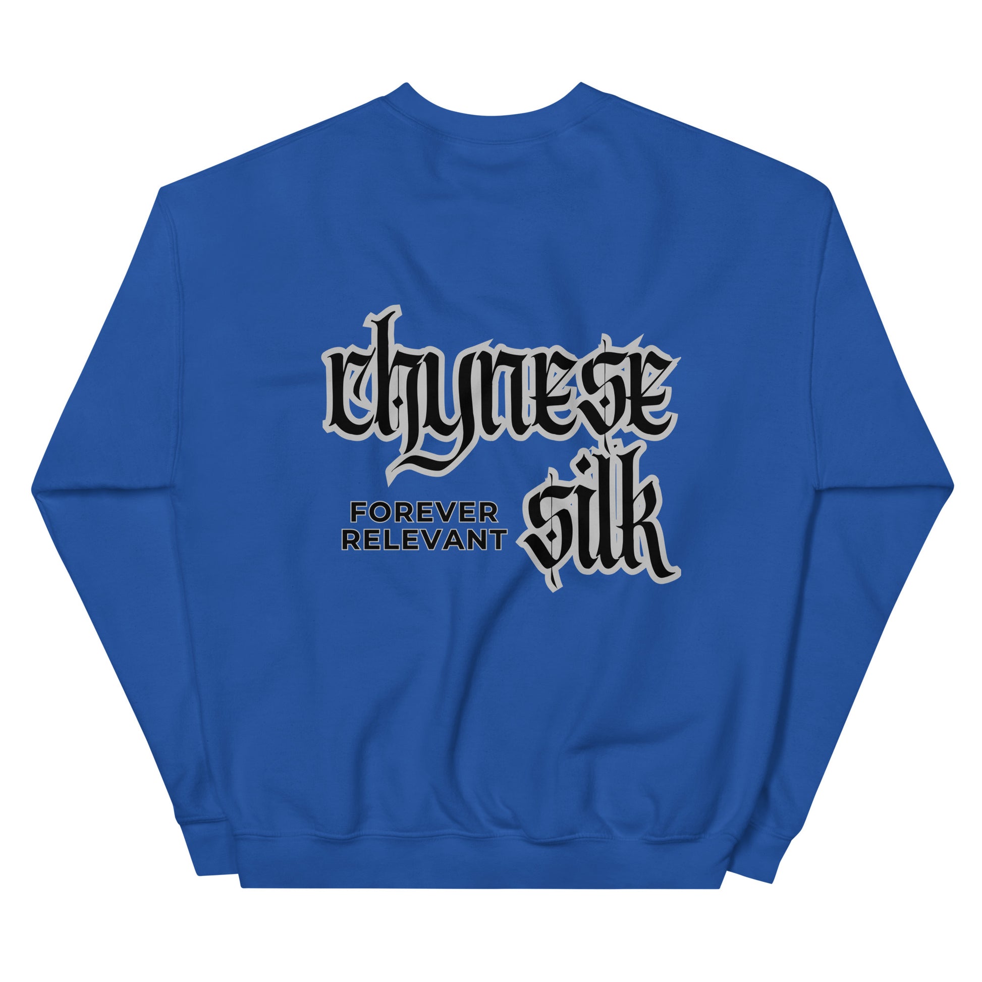 Royal blue premium streetwear crewneck sweatshirt featuring a black Chynese Silk Gothic Revival logo design.