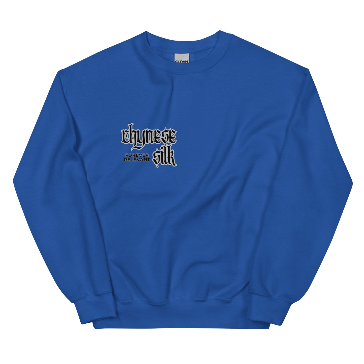 Royal blue premium streetwear crewneck sweatshirt featuring a black Chynese Silk Gothic Revival logo design.