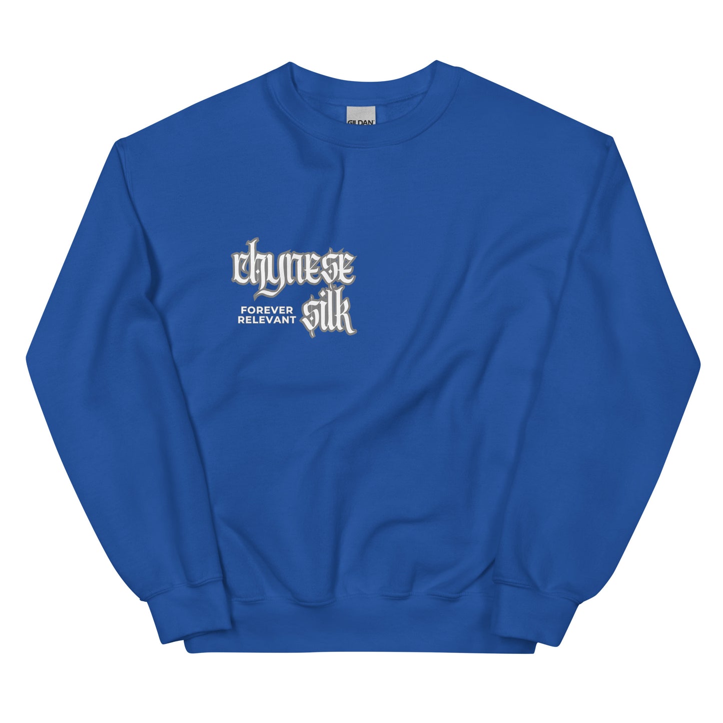 Royal blue premium streetwear crewneck sweatshirt featuring a white Chynese Silk Gothic Revival logo design.