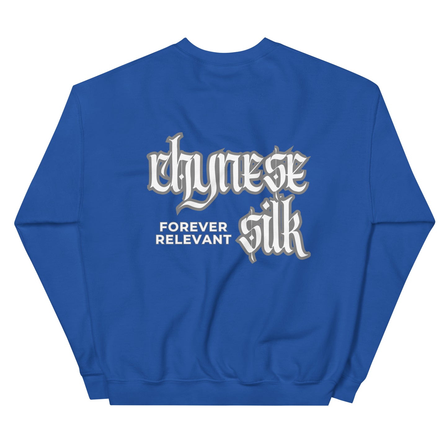 Royal blue premium streetwear crewneck sweatshirt featuring a white Chynese Silk Gothic Revival logo design.