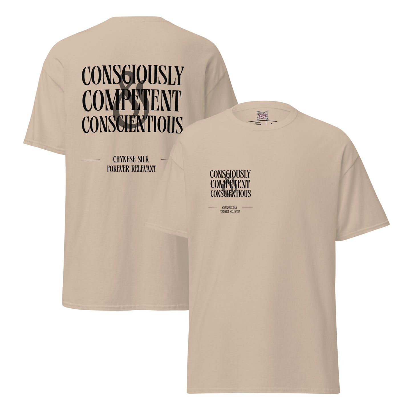 Sand premium streetwear t-shirt featuring the black Chynese Silk CC&C typography graphic design.