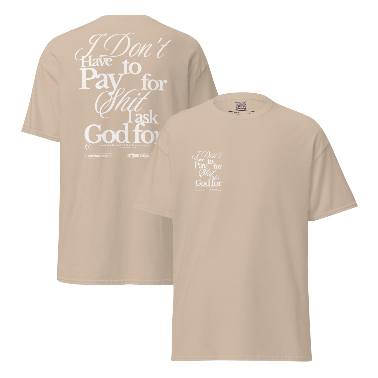 Sand premium streetwear t-shirt featuring the Chynese Silk Free Life typography graphic design.