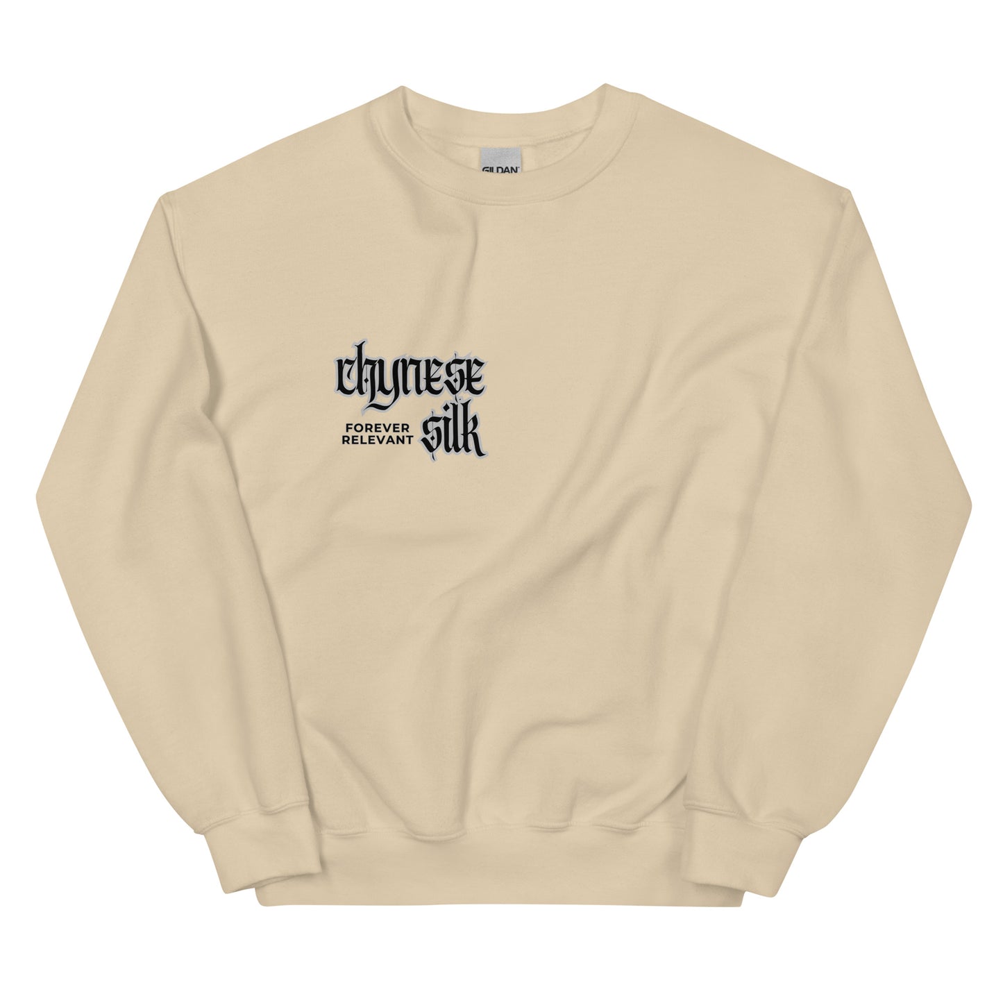 Sand premium streetwear crewneck sweatshirt featuring a black Chynese Silk Gothic Revival logo design.