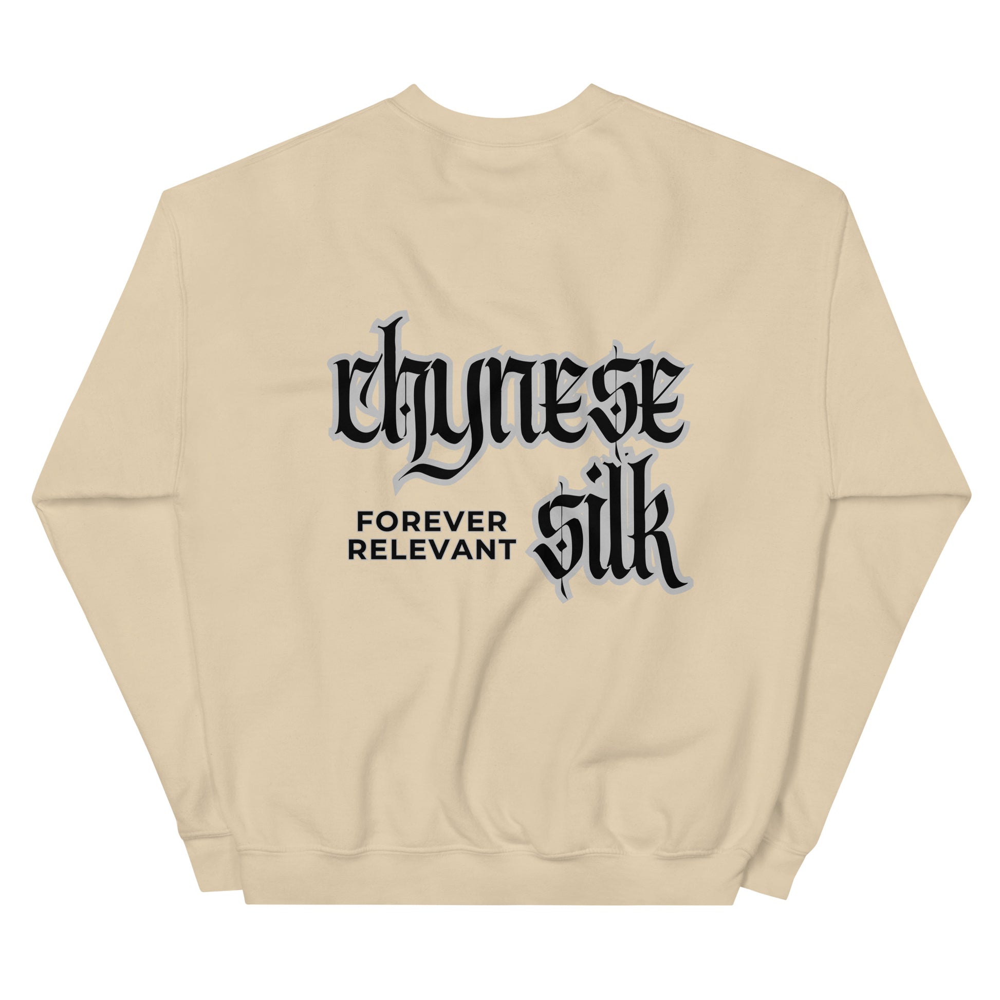 Sand premium streetwear crewneck sweatshirt featuring a black Chynese Silk Gothic Revival logo design.