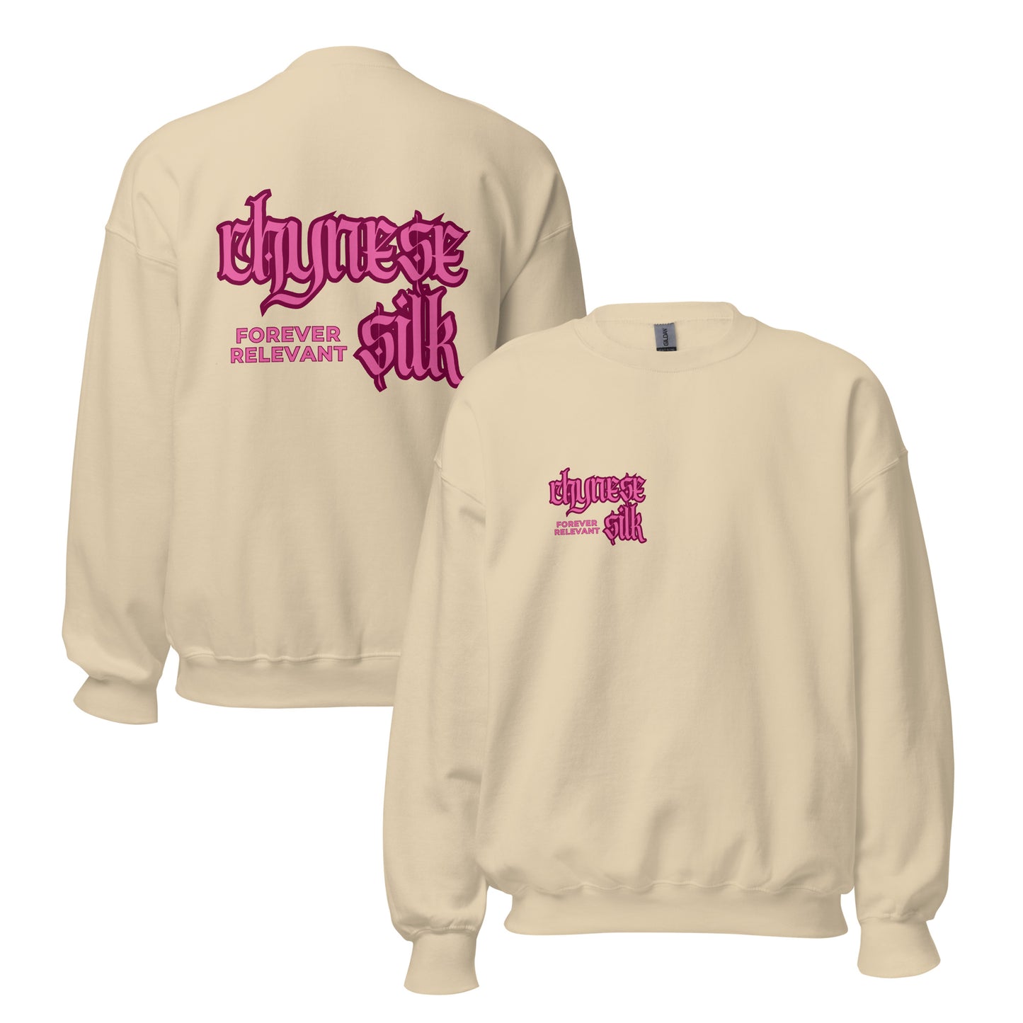 Sand tan premium streetwear crewneck sweatshirt featuring a pink Chynese Silk Gothic Revival logo design.
