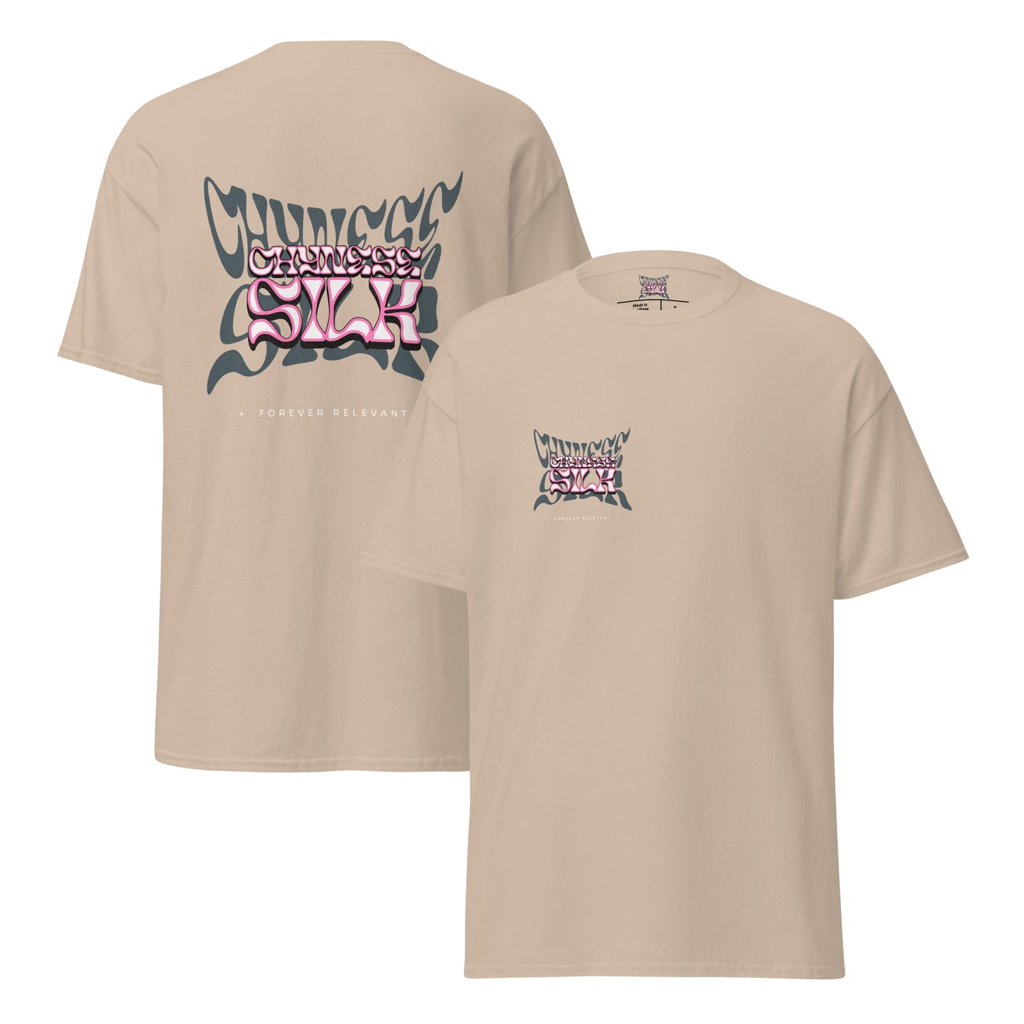 Sand tan premium streetwear t-shirt featuring the Chynese Silk Namesake graphic design.