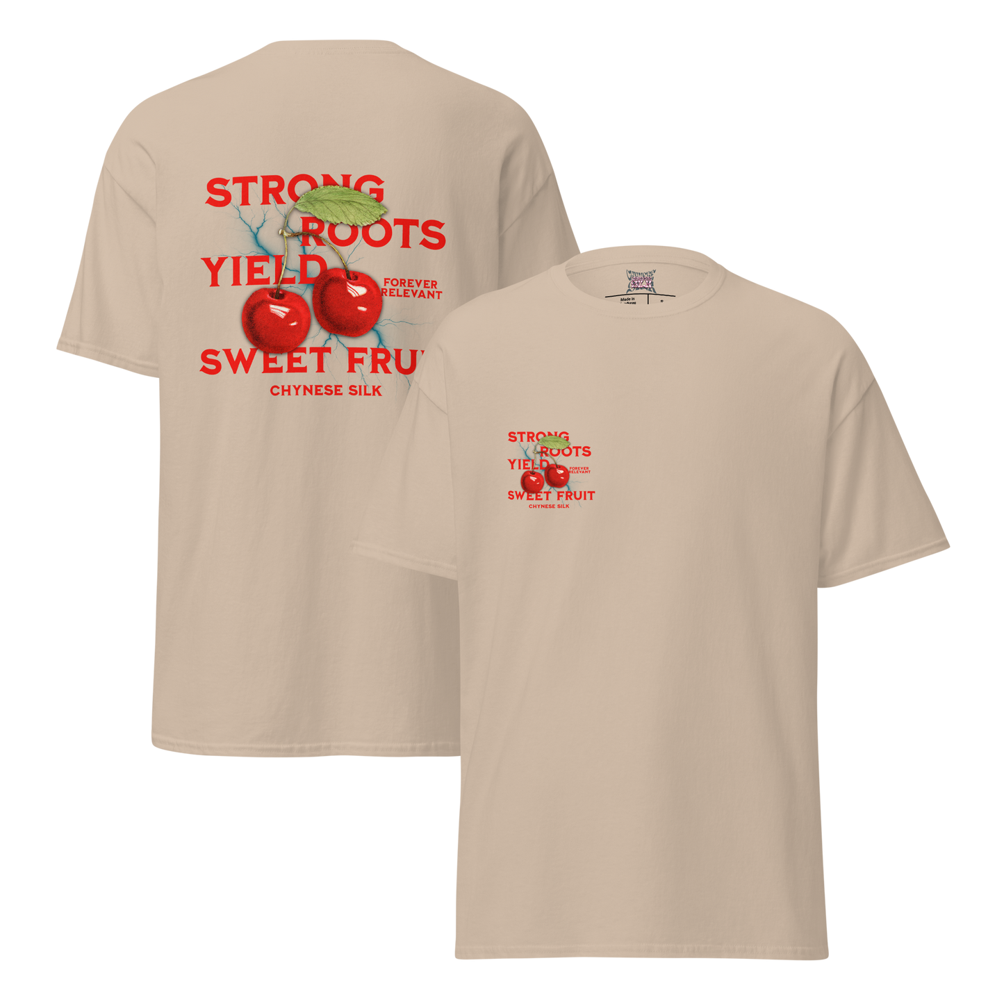 Sand cream premium streetwear t-shirt featuring the Chynese Silk Strong Roots Yield Sweet Fruit cherry graphic design