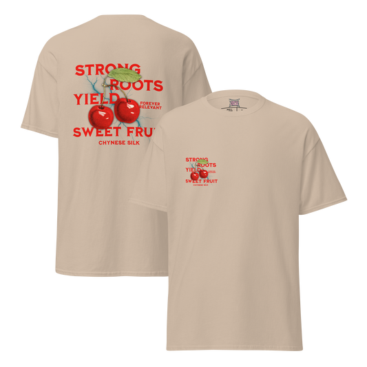 Sand cream premium streetwear t-shirt featuring the Chynese Silk Strong Roots Yield Sweet Fruit cherry graphic design