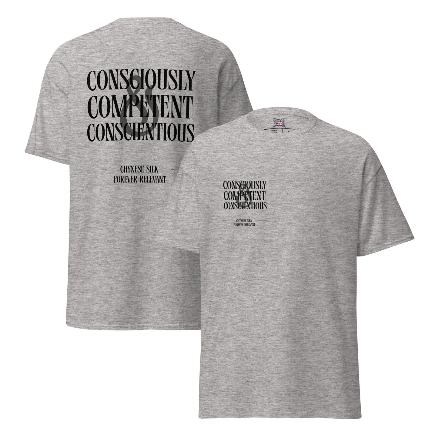 Sport grey premium streetwear t-shirt featuring the black Chynese Silk CC&C typography graphic design.