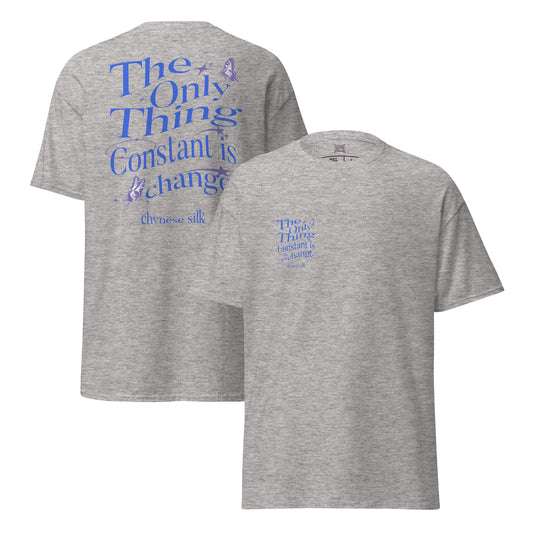 Sport grey premium streetwear t-shirt featuring a blue Constant Change text graphic by Chynese Silk