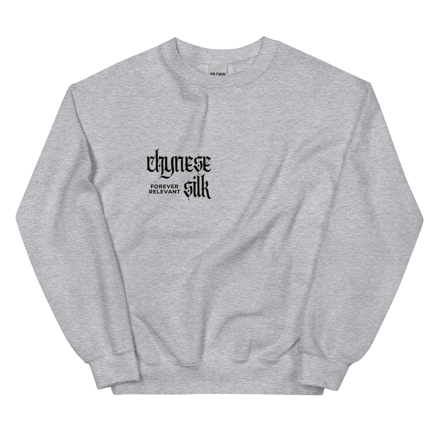 Sport grey premium streetwear crewneck sweatshirt featuring a black Chynese Silk Gothic Revival logo design.