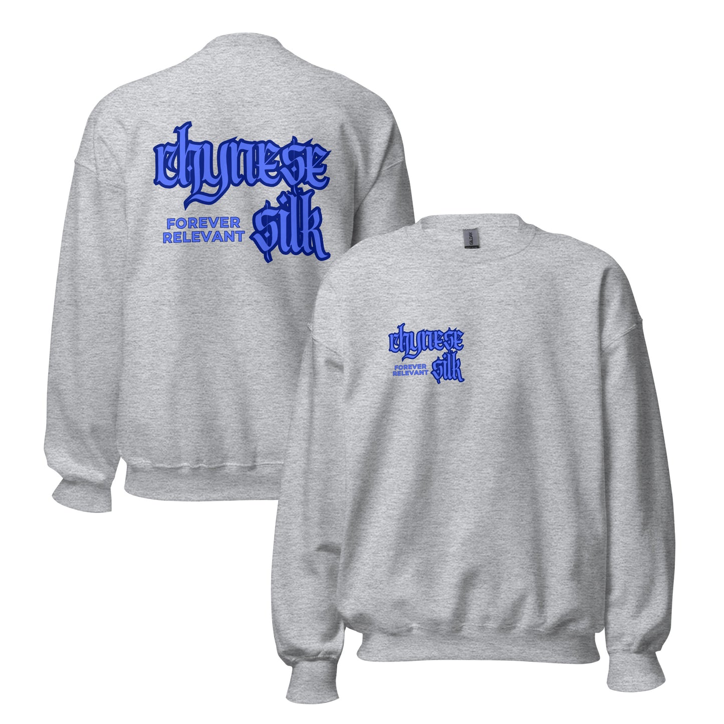 Sport grey premium streetwear crewneck sweatshirt featuring a blue Chynese Silk Gothic Revival logo design.