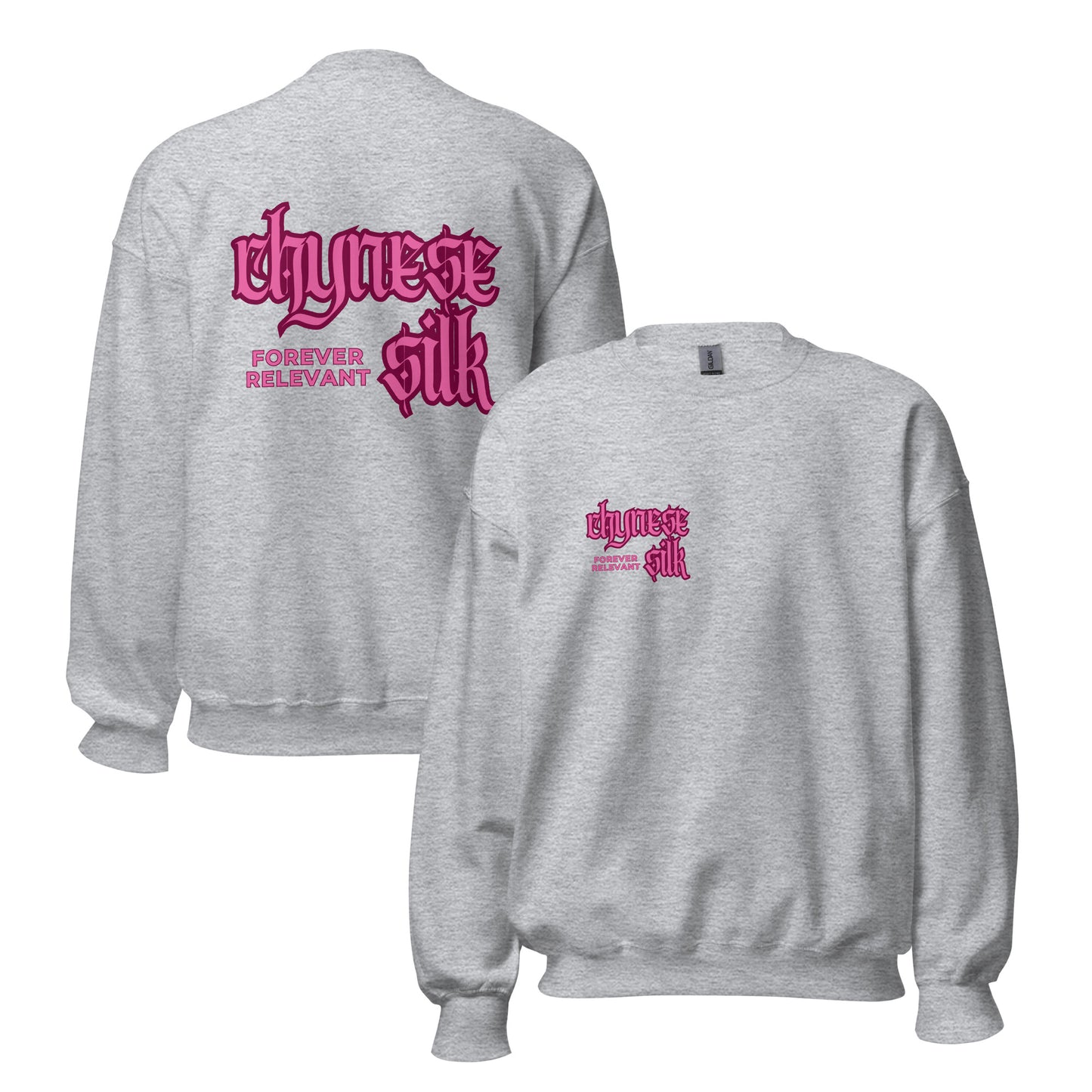 Sport grey premium streetwear crewneck sweatshirt featuring a pink Chynese Silk Gothic Revival logo design.