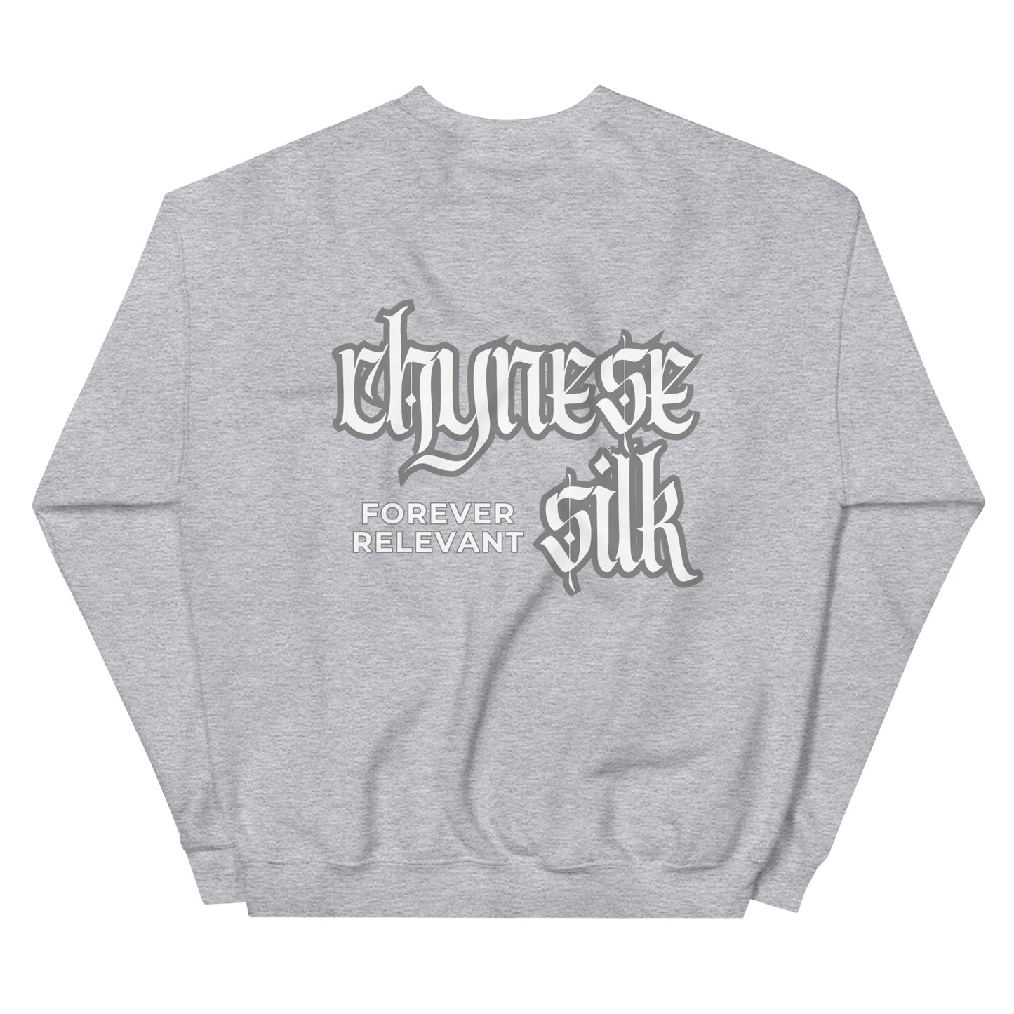 Sport Grey premium streetwear crewneck sweatshirt featuring a white Chynese Silk Gothic Revival logo design.