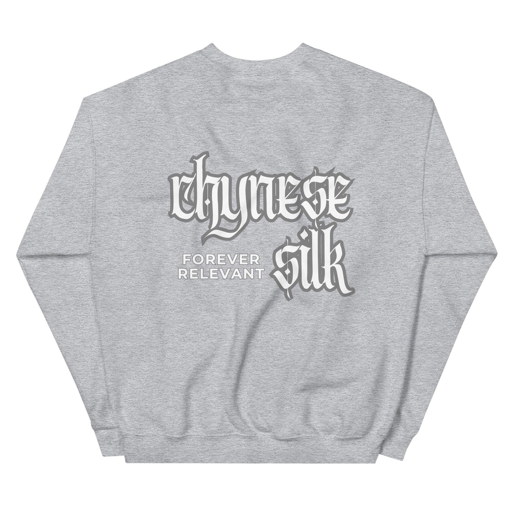 Sport Grey premium streetwear crewneck sweatshirt featuring a white Chynese Silk Gothic Revival logo design.