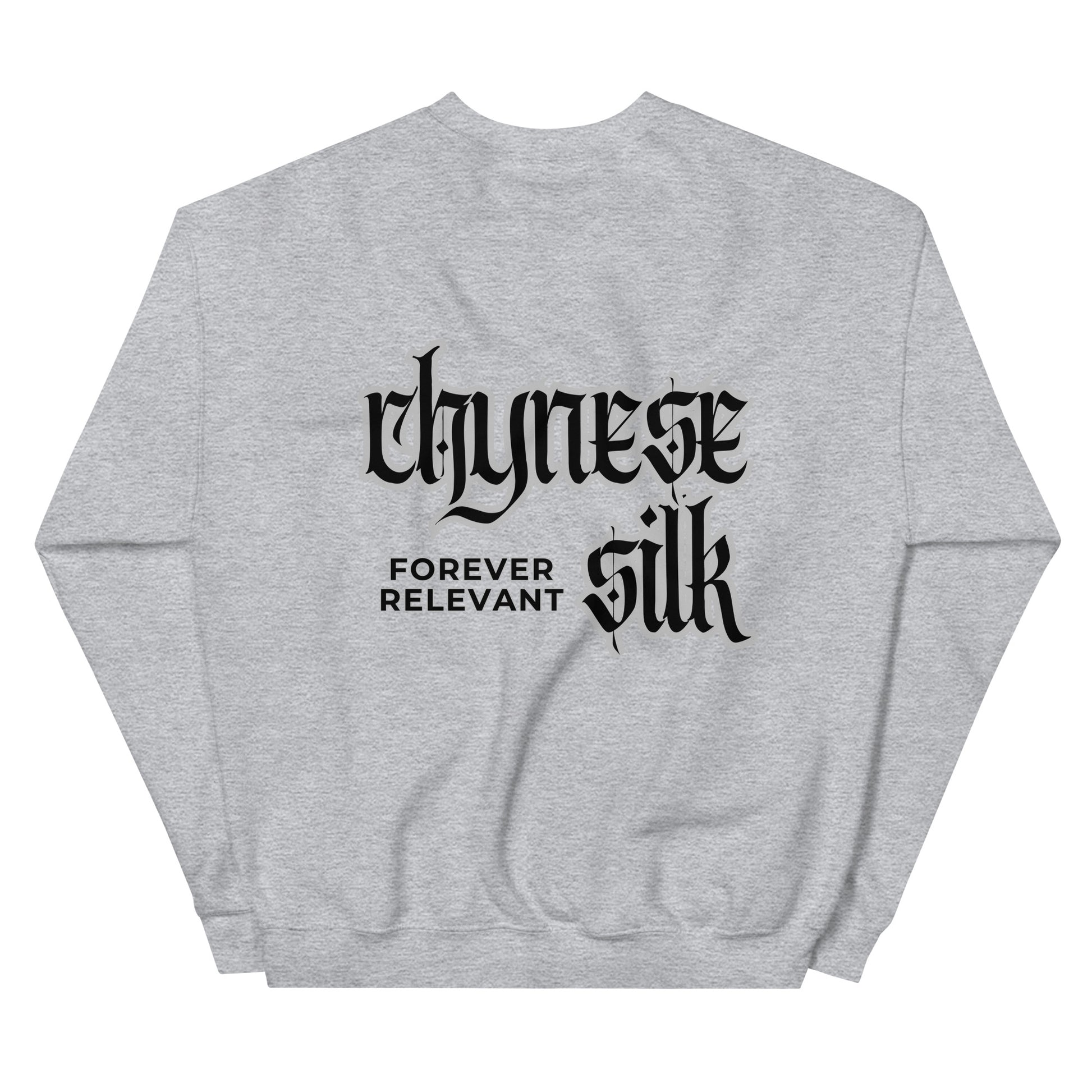 Sport grey premium streetwear crewneck sweatshirt featuring a black Chynese Silk Gothic Revival logo design.