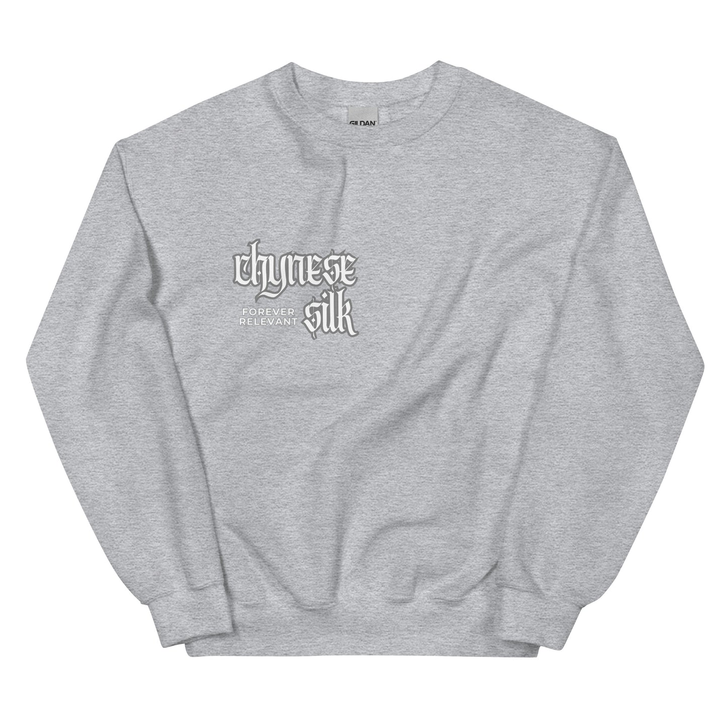 Sport grey premium streetwear crewneck sweatshirt featuring a white Chynese Silk Gothic Revival logo design.
