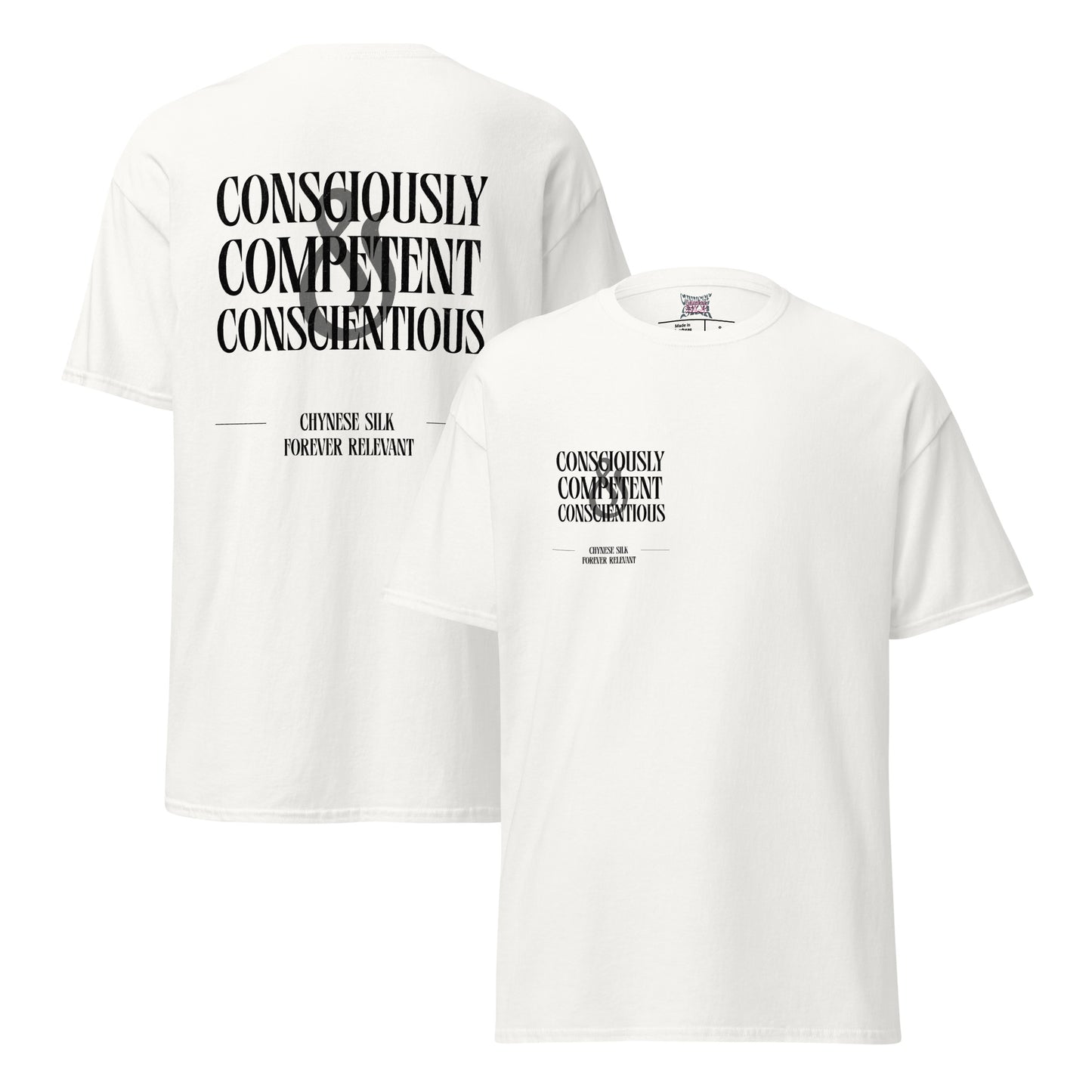  White premium streetwear t-shirt featuring the black Chynese Silk CC&C typography graphic design.