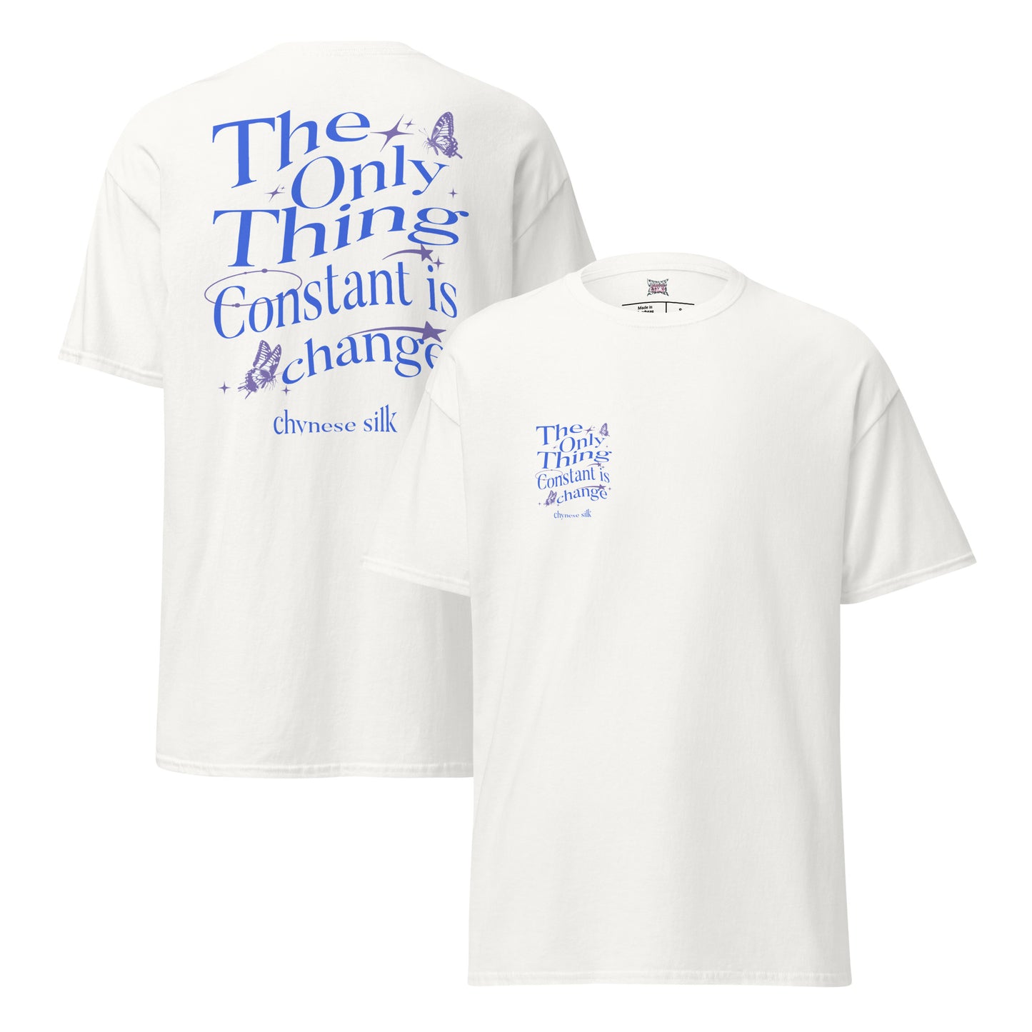 White premium streetwear t-shirt featuring a blue Constant Change text graphic by Chynese Silk