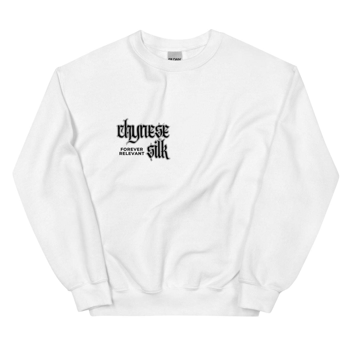 White premium streetwear crewneck sweatshirt featuring a black Chynese Silk Gothic Revival logo design.