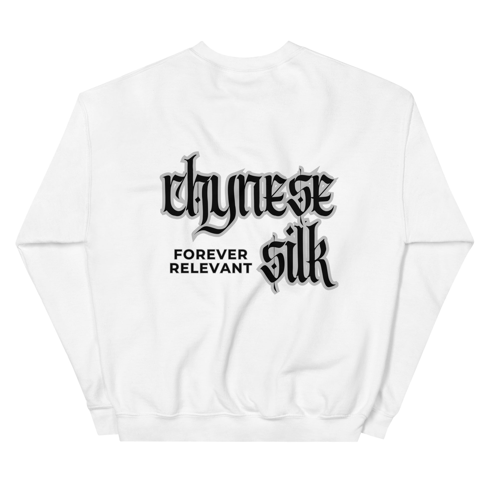 White premium streetwear crewneck sweatshirt featuring a black Chynese Silk Gothic Revival logo design.