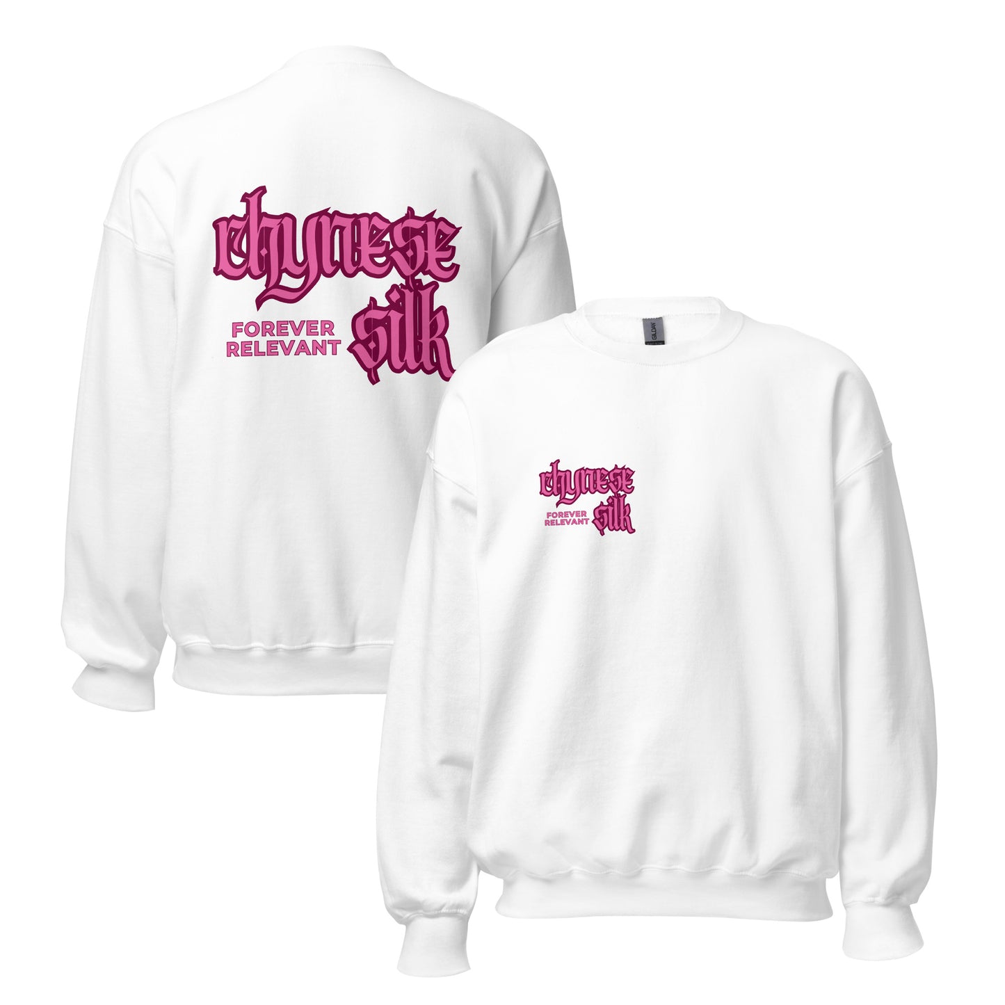 White premium streetwear crewneck sweatshirt featuring a pink Chynese Silk Gothic Revival logo design.