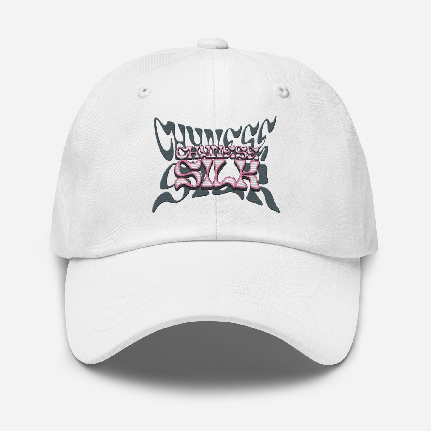 White premium streetwear dad hat featuring the embroidered Chynese Silk Namesake logo design.