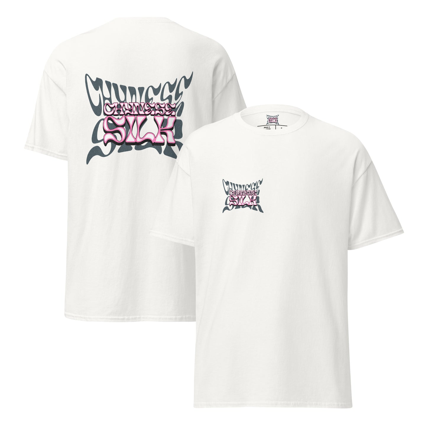 White premium streetwear t-shirt featuring the Chynese Silk Namesake graphic design.